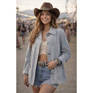 VTG Dead Stock Jacket Small Slate Blue Washable Suede Y2K 90s Western Boho READ